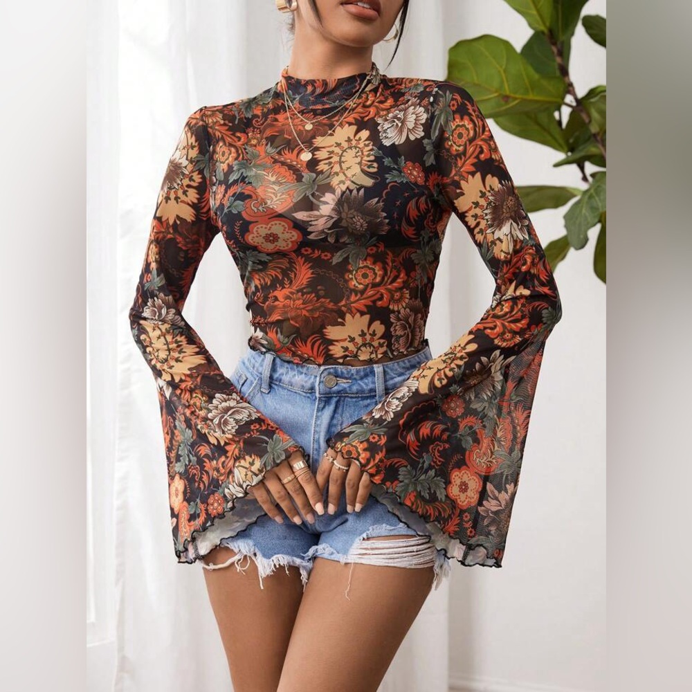 Floral Boho Bell Sleeve Mesh Blouse